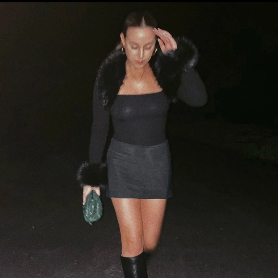 Artificial fur coat womens autumn clothing black short sleeved jacket knitted cut cardigan 240824