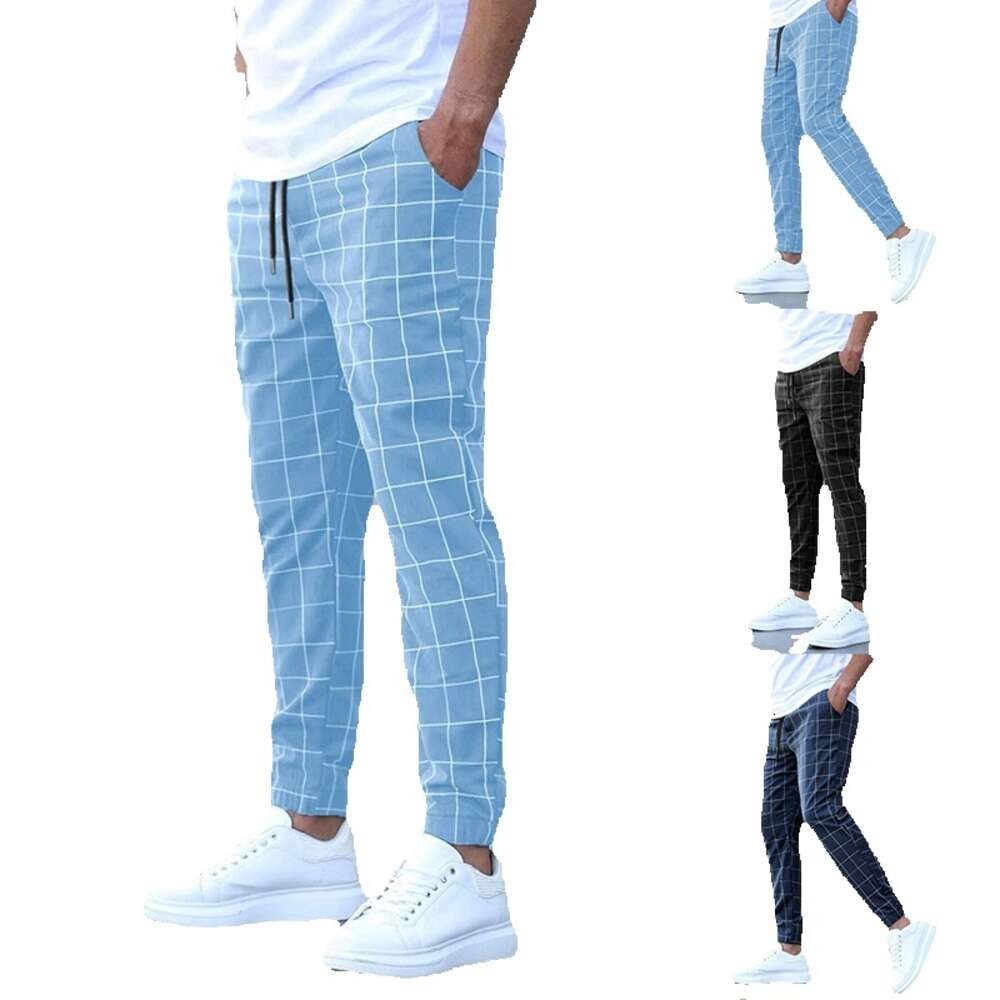 2024 New Street Trendy Checkered Casual Fashionable Perforated Rope Pants Simplicity Bound Feet Harlan Sweatpants Half Pants for Men Jeans for Pregnan