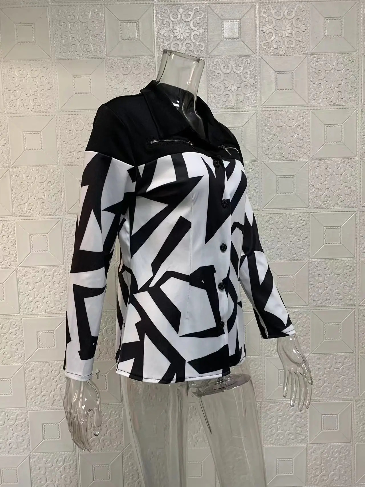 European and American long sleeved single breasted color blocking printed lapel jacket 240802