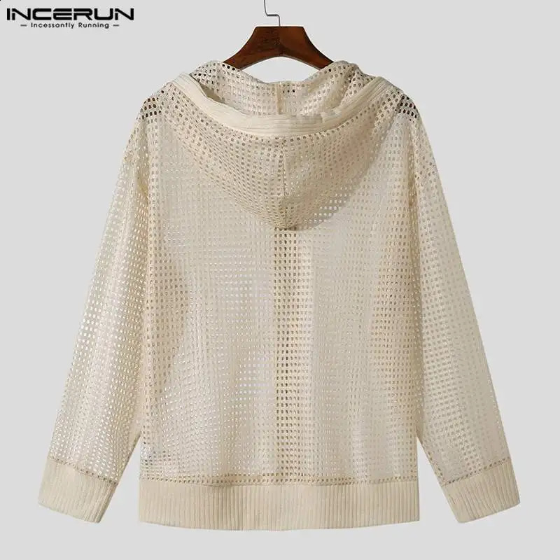 Men Hoodies Mesh Hollow Out Transparent Hooded Long Sleeve Zipper Sweatshirts Streetwear Solid Casual Cardigan Men INCERUN 240805