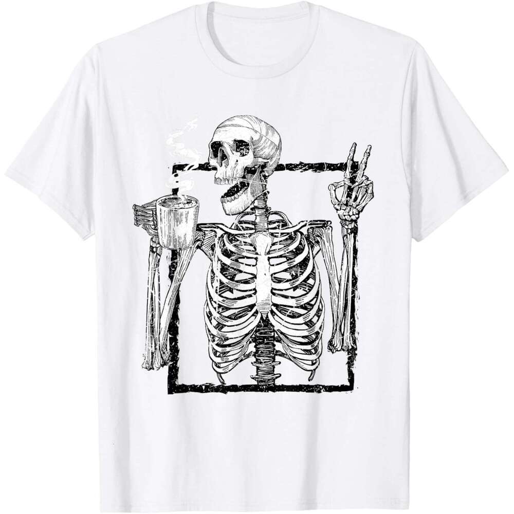 T shirt Mens Skeleton Drinking Coffee Gothic Peace Sign Halloween Grunge T-Shirt shirts tshirt graphic tee Casual tops summer clothes Short sleeve 202