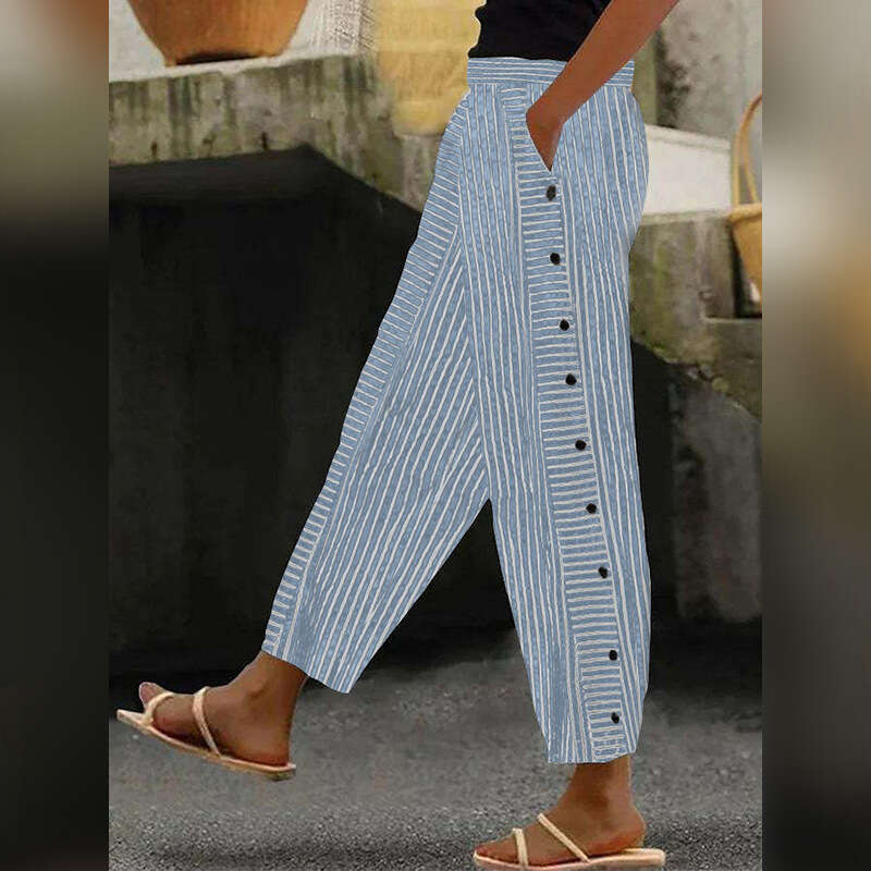 2024 New Womens Striped Casual Fashionable High Waisted Cropped Pants Small Leg Pants with Slight Elasticity Bound Feet Gold Velvet Pants Half Pants f
