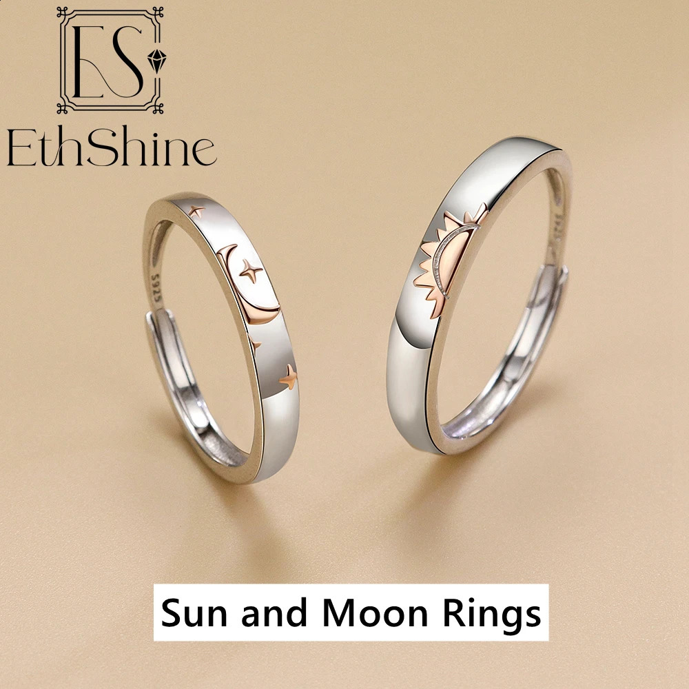 ETHSHINE 925 Sterling Silver Couple Ring Sun Moon Adjustable Open Ring Jewelry For Women Men Lover Wedding Anniversary Gifts 240905