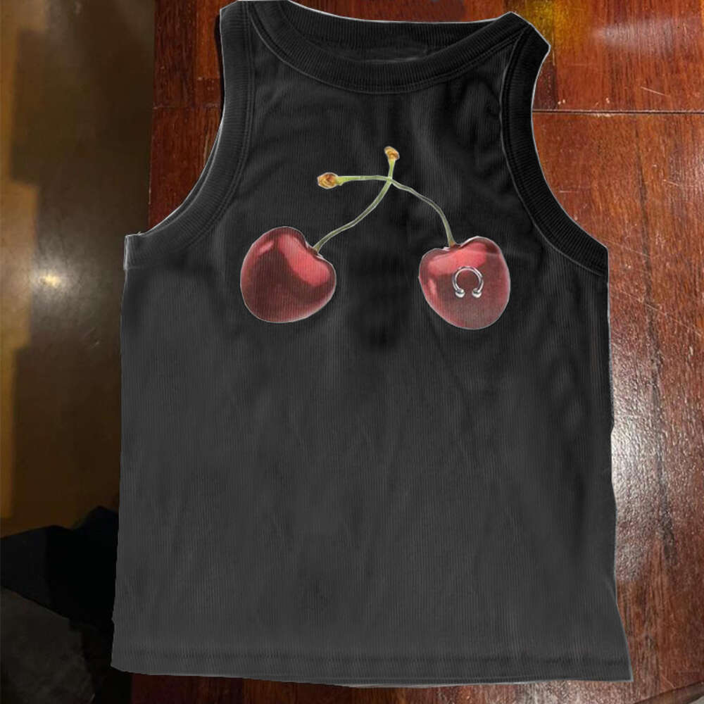 Fashionable new Y2K cherry ring nail print slim fit and slimming cover high street casual ins womens small vest