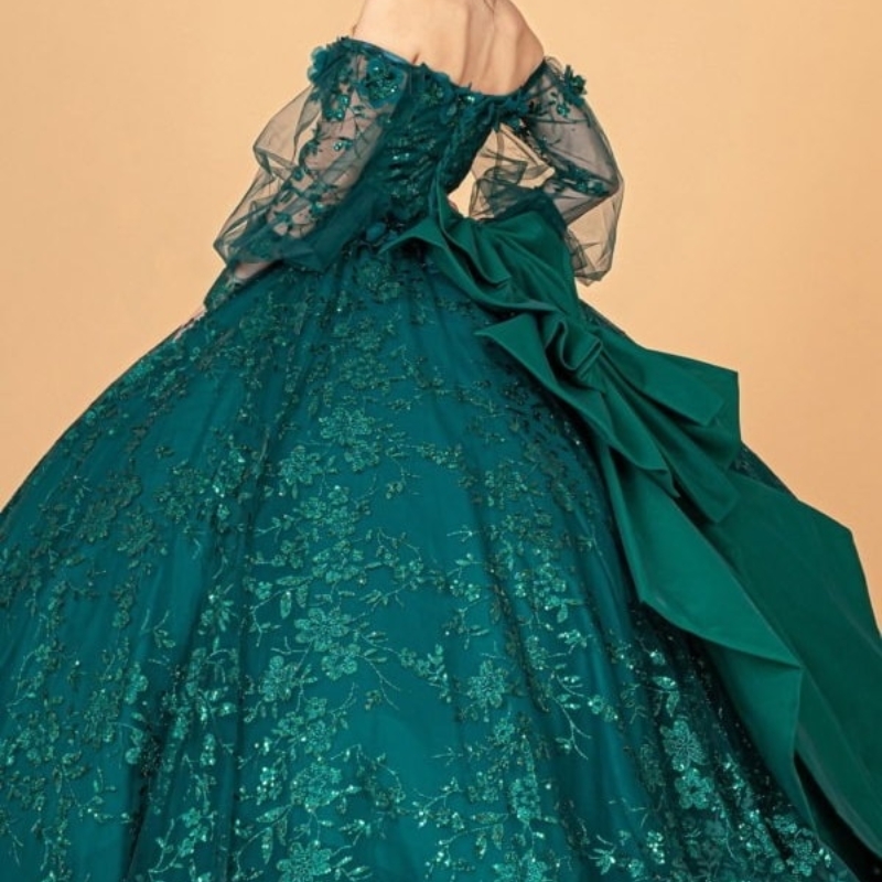 Sparkly Emerald Green Quinceanera Dress Ball Gown Puff Sleeve Lace Appliques Beading Tull Sweet 16 Vestido De 15 Anos