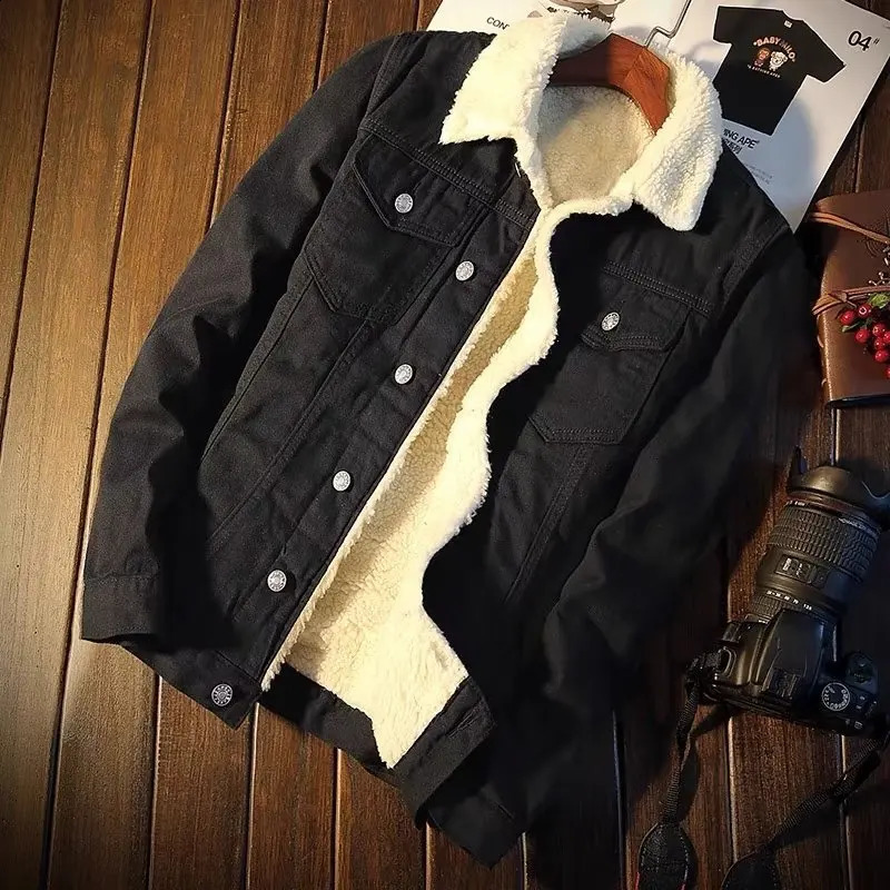 Plush lined denim jacket for men warm wool fashion pocket button mens 240824