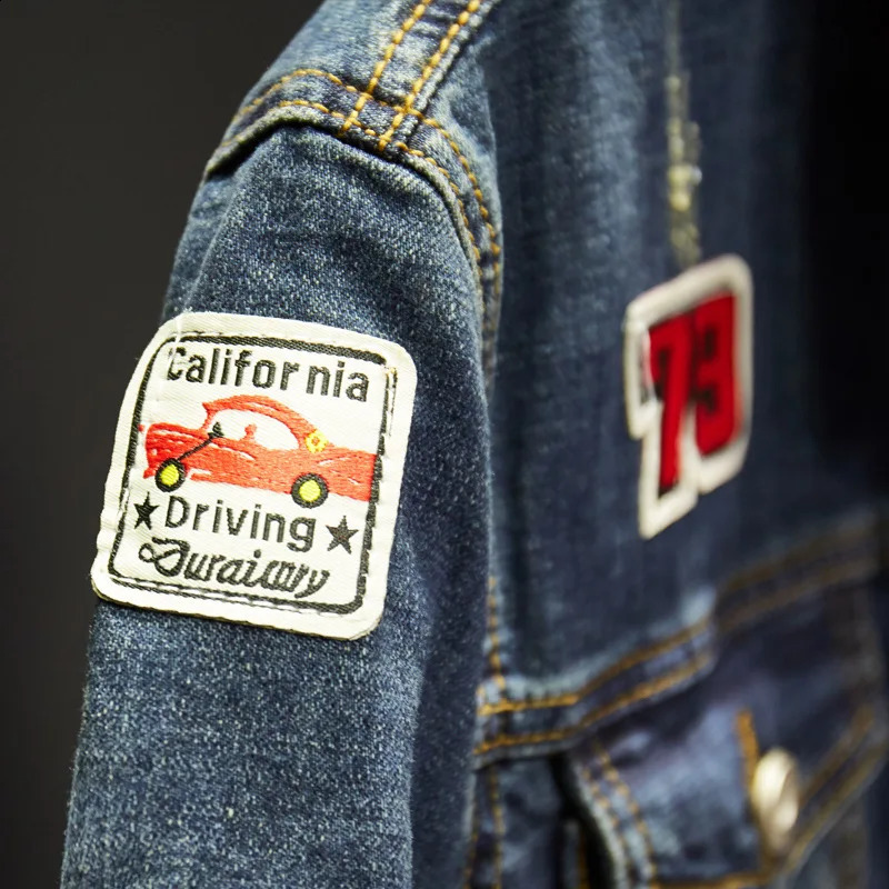 Mens badge patch blue stretch denim jacket street clothing work jeans torn 240824