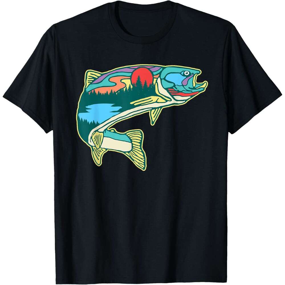 T shirt Mens Nature Trout Illustration Vintage Fly Fishing Retro Graphic T-Shirt shirts tshirt graphic tee Casual tops summer clothes Short sleeve Fre