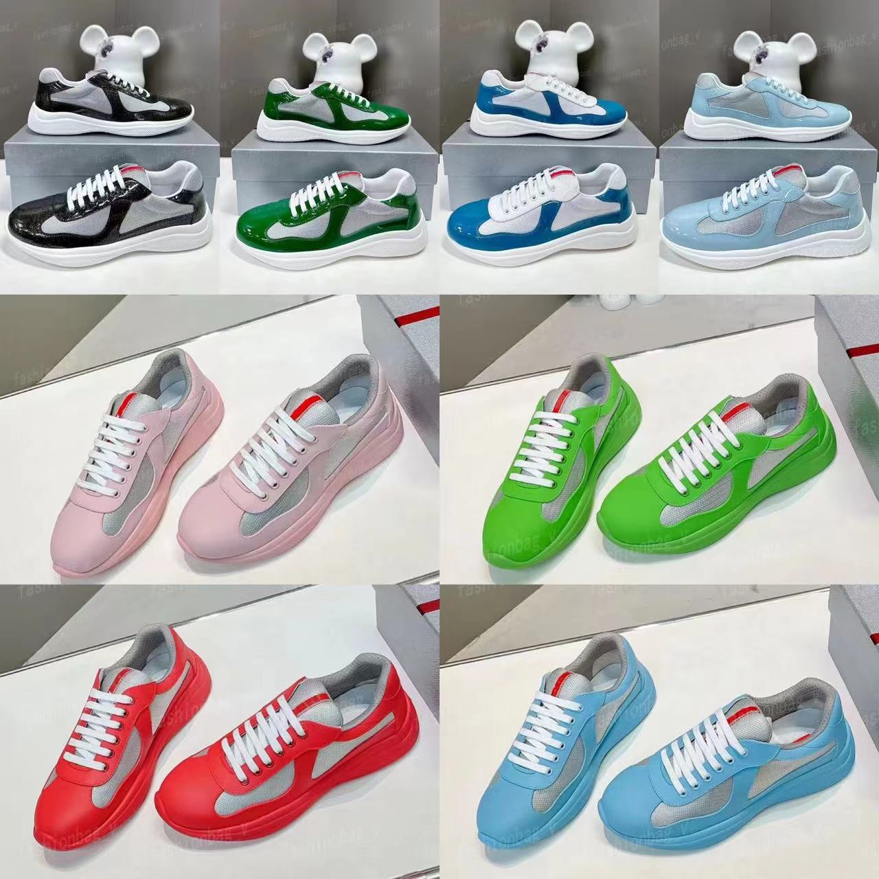 Designer Sneakers America Cup Shoes Classic Men Sneaker Round Toe Mesh Lace Up Outdoor Running Shoes Flat Bottomed Patent Leather Splicing Runner Trainers