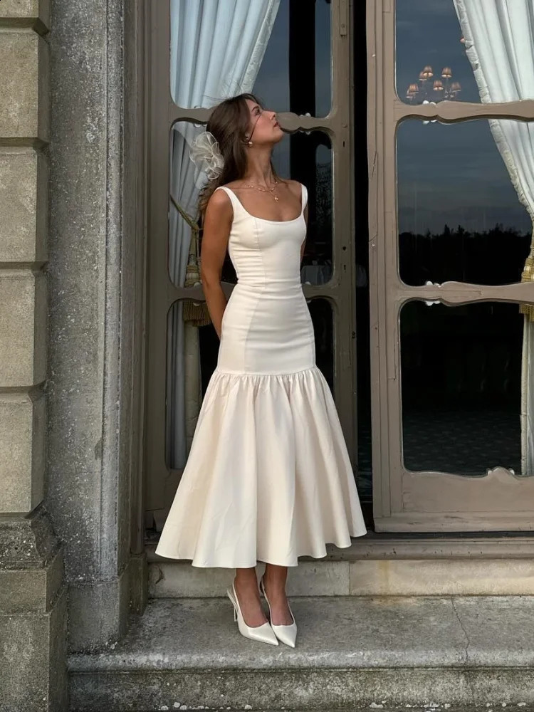 Elegant Ruffles Spliced Suspenders Long Dress Women Slim Square Collar Sleeveless Vestidos 2024 Summer Fashion Female Party Robe 240816