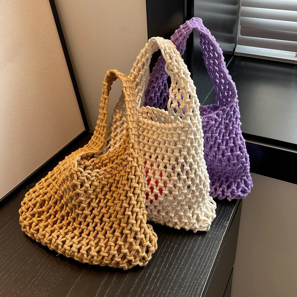 Womens crochet beach handbag womens knitted shopping bag hollow shoulder birthday gift 240913