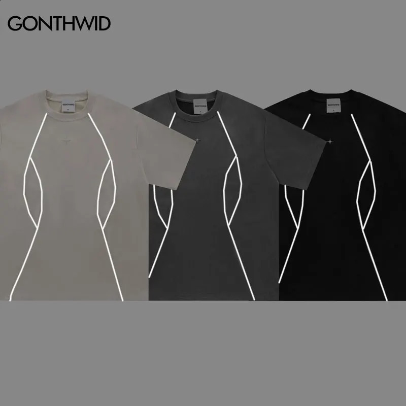 Hip Hop T-Shirt Mens Reflective Strip Suede Tee with Rivet Star 2024 Harajuku Casual Loose Short Sleeve Tshirt Streetwear 240805