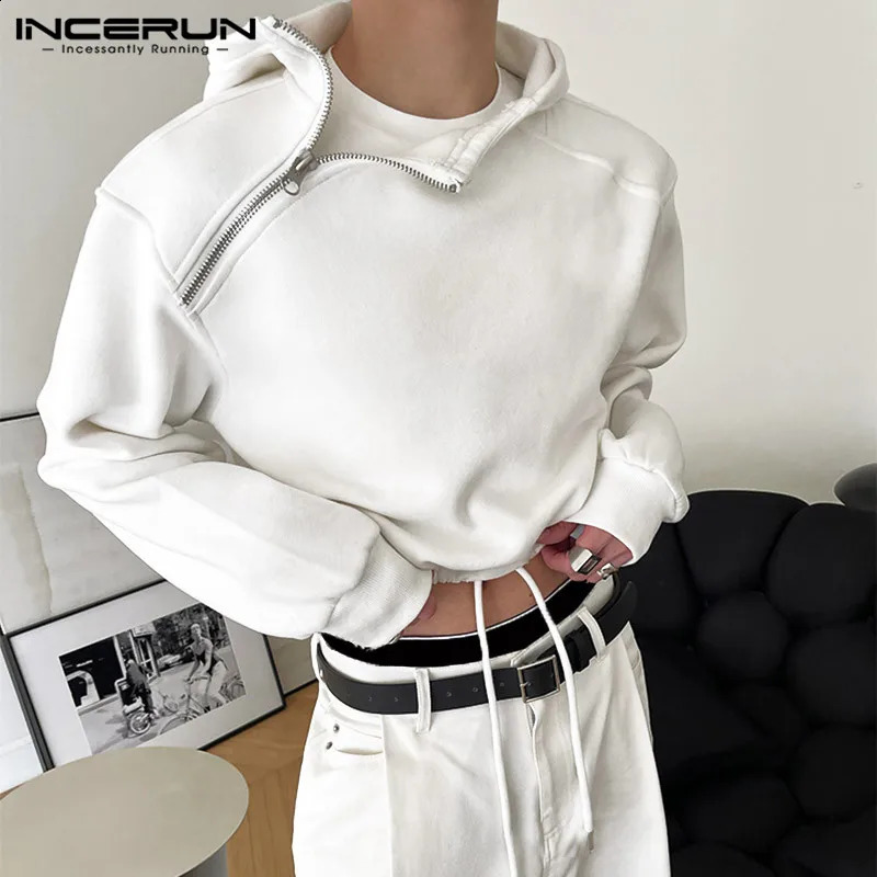 INCERUN Men Hoodies Solid Color Zipper Hooded Long Sleeve Streetwear Fashion Casual Sweatshirts Personality Crop Tops S-5XL 240805