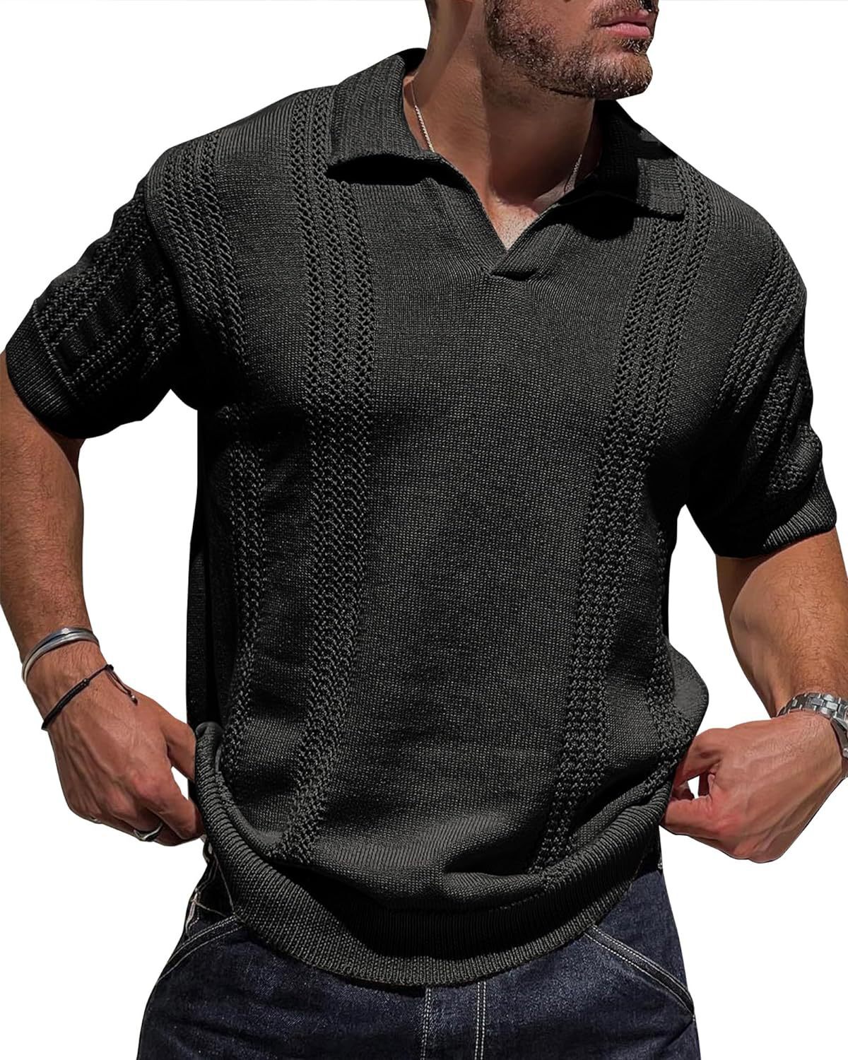Summer new fashionable knitted polo shirt short sleeved V-neck loose solid color hollow out men's top