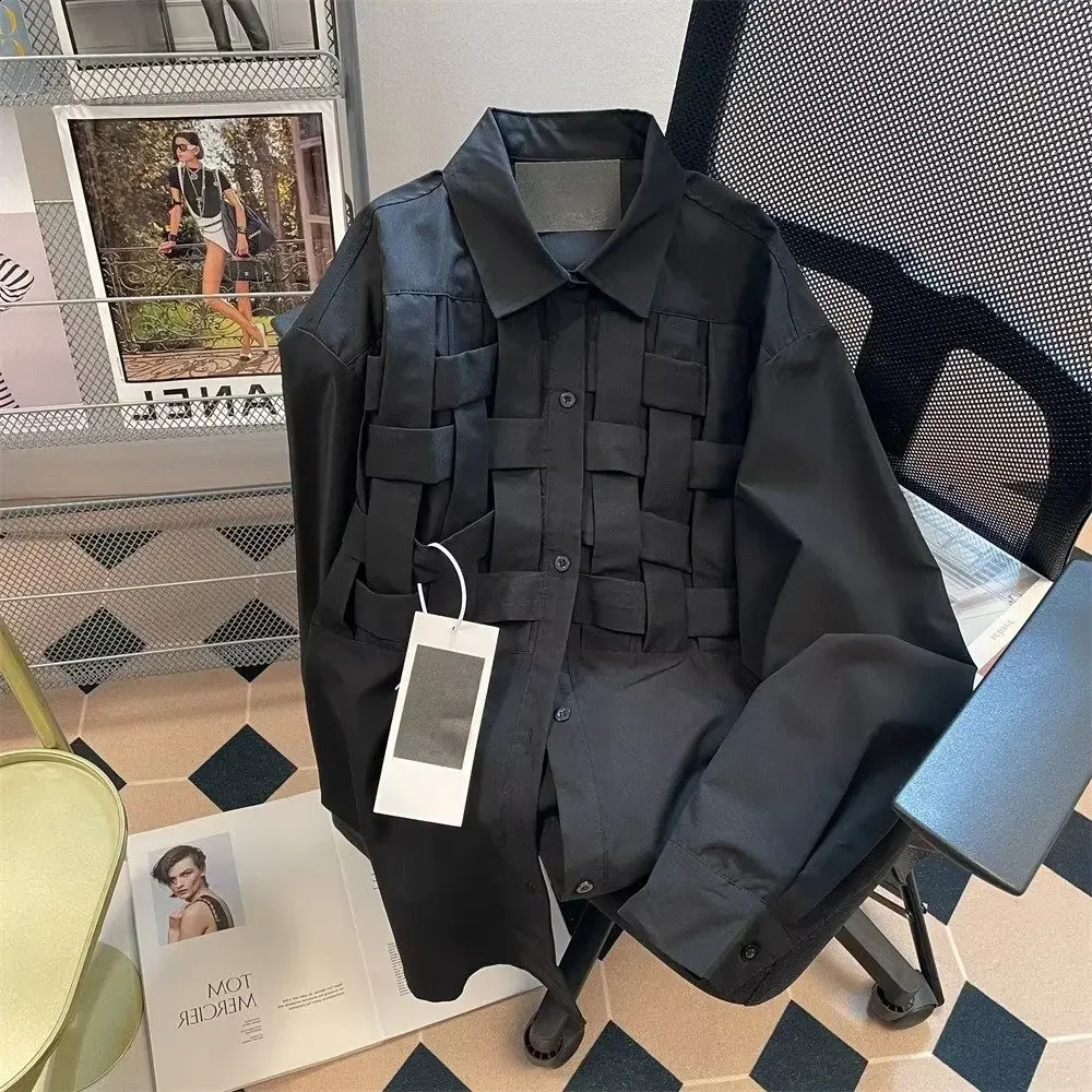 EBAIHUI Women Solid Hollow Out Shirts Lapel Long Sleeve Loose Waist Fashion Patchwork Blouse Female Chic Casual Poly Shirt 240805