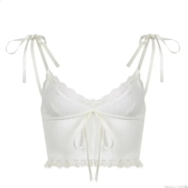 Y2K Lace Trim Crop Top Aesthetic White Bow Cute Sweet Mini Vest Knitted Basic Casual Tee Women Summer Backless Beach 240805