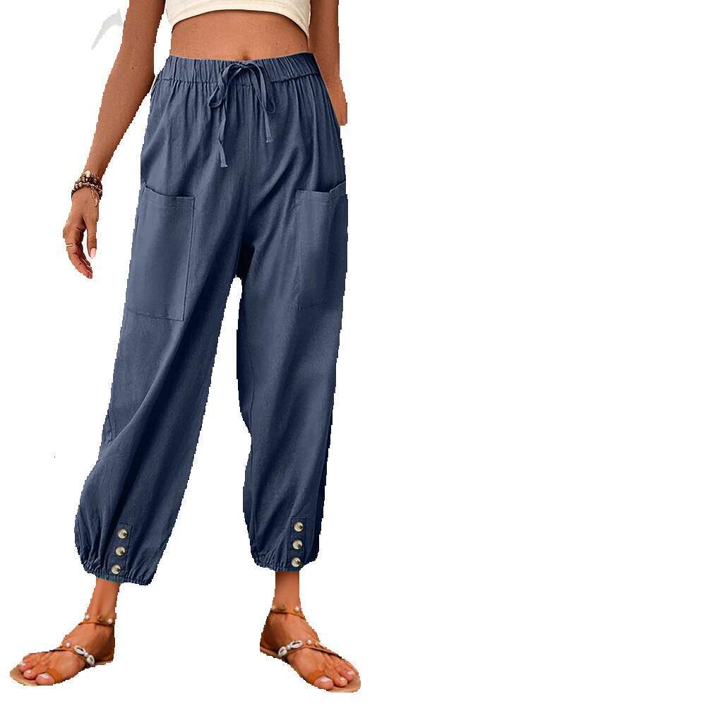 2024 Loose Fit High Waisted Buttoned Cotton and Linen Cropped Pants Wide Leg Womens Pants Straight Tube Waterproof Trousers Man Pants Trousers Cartoon