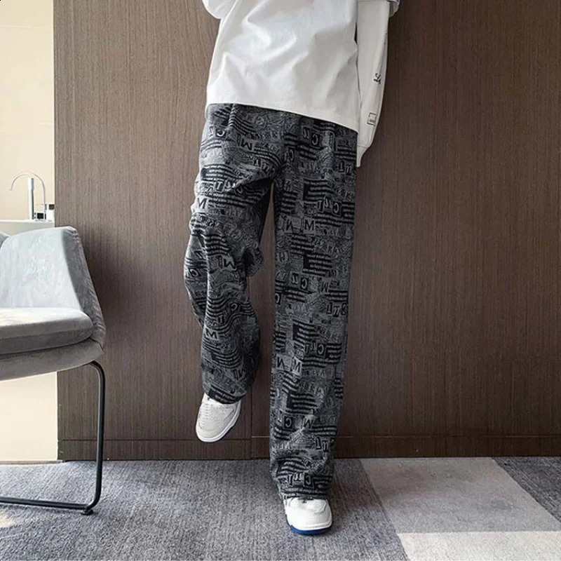 Spring And Autumn Trendy Retro Printed Hip Hop Plus-size Wide-leg Pants Loose Casual Straight Leg Pants Y2k Men Plus-size S-5XL 240805