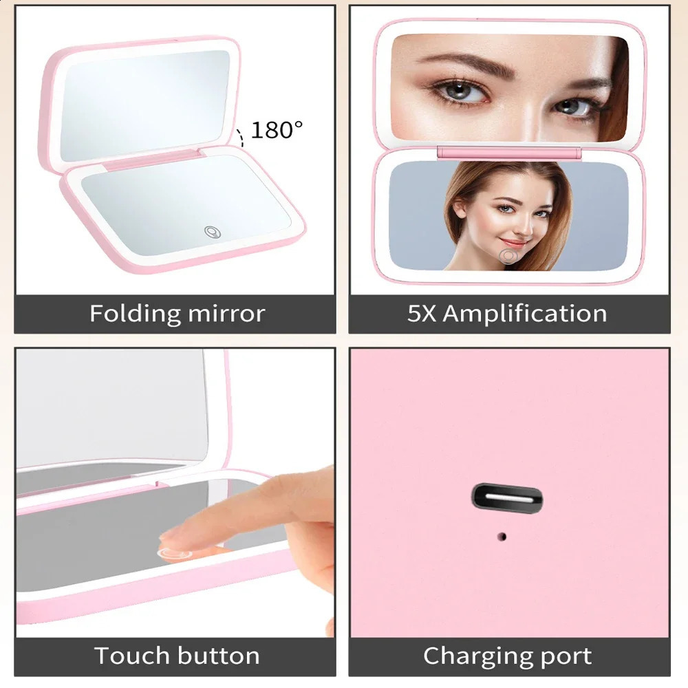 2sided LED rechargeable makeup mirror with 5X enlarged compact pocket travel aesthetic tool 240729