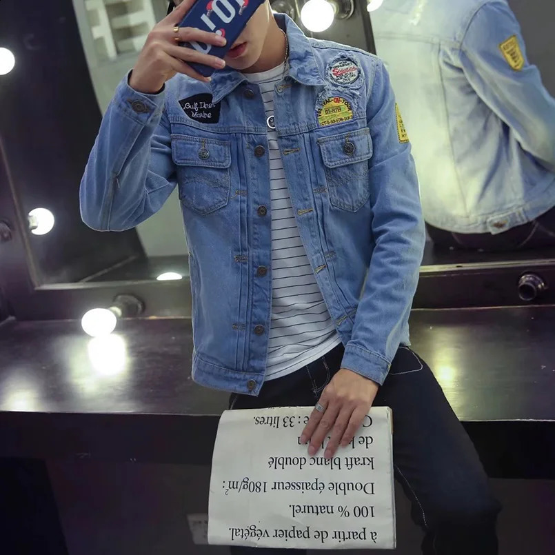 Tear open mens denim jacket ultrathin fashion badge jeans full matching streetwear spring 240824