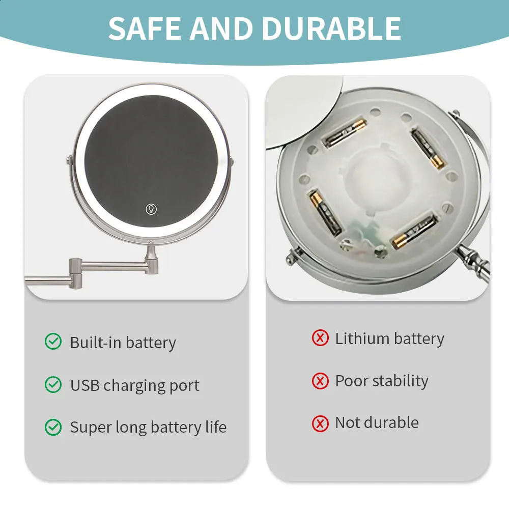 8inch wall mounted bathroom mirror with adjustable LED makeup 10X magnifying touch 240729