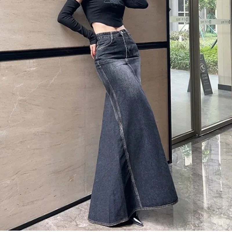 Autumn/winter Vintage High-waisted Denim Skirt Womens Hip-hugging Long Skirt Split-line Curved 240805