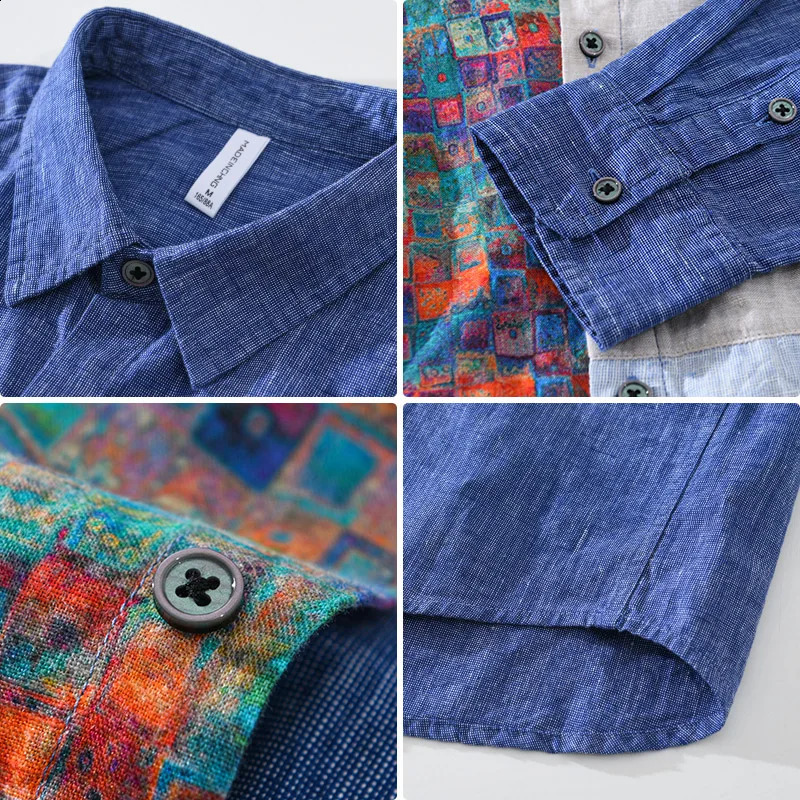 2411 Mens Spring Retro Shirt with Chinese Retro Style Printed Creative Patchwork Long Sleeve Premium Selection 100% Linen Shirt240802