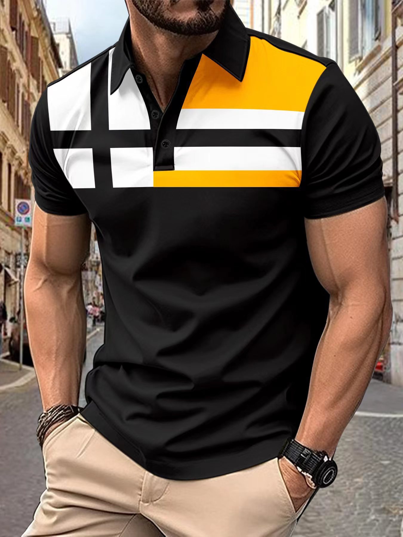 2024 short sleeved striped 3D printed Polo casual men's top