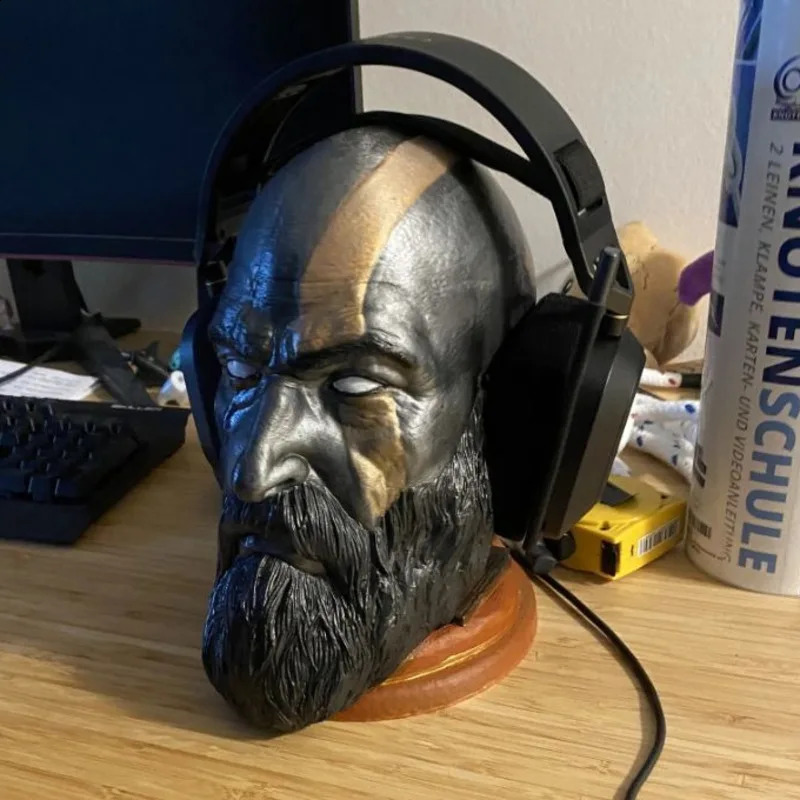 God Of War Kratos Statue Headphone Game Characters Toys Head Statue Desk Model Computer Headphone Stand Holder 240805