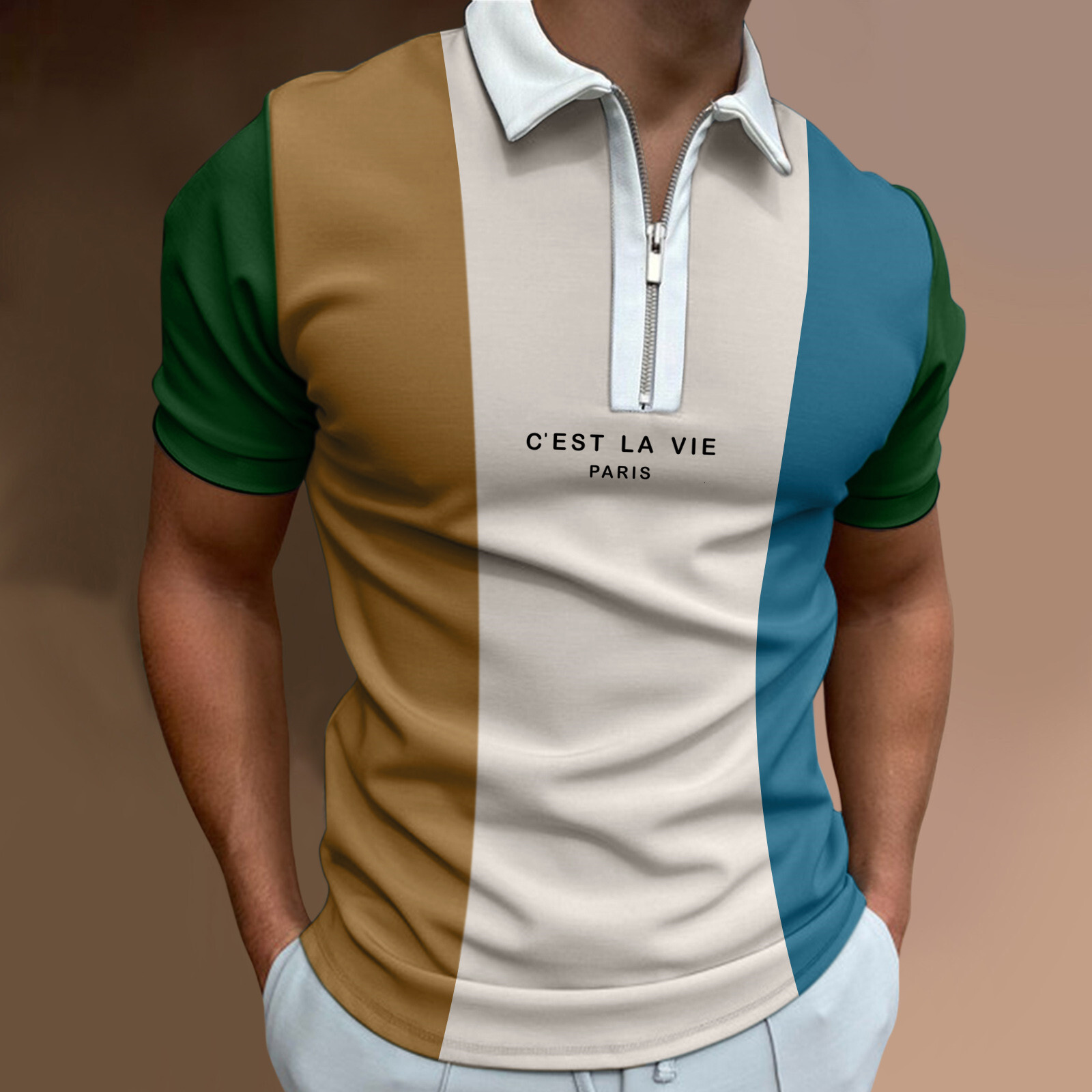 Summer men's zippered lapel 3D printed polo with multi-color casual color blocking short sleeved Polo shirt