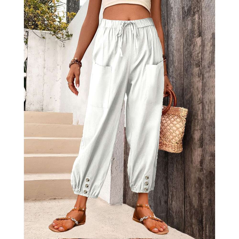 2024 Loose Fit High Waisted Buttoned Cotton and Linen Cropped Pants Wide Leg Womens Pants Straight Tube Waterproof Trousers Man Pants Trousers Cartoon
