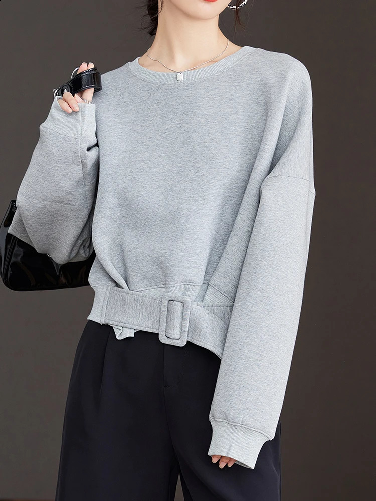 Stylish Grey Sweatshirts Autumn Winter Women Plain Long Sleeve Belt Waist Loose Casual Oversize Pullovers Korean Short Jumper 240813