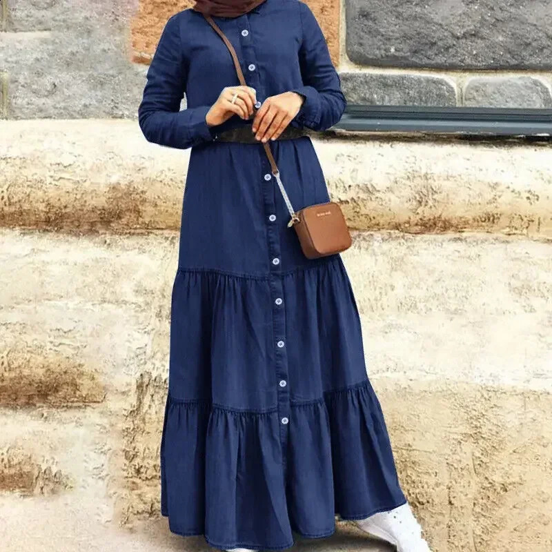 Womens S-5XL size European American and British denim dresses s stand up collar denim button long dress loose 240805