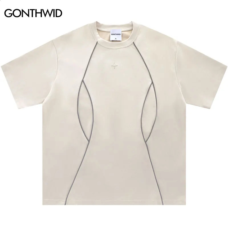 Hip Hop T-Shirt Mens Reflective Strip Suede Tee with Rivet Star 2024 Harajuku Casual Loose Short Sleeve Tshirt Streetwear 240805