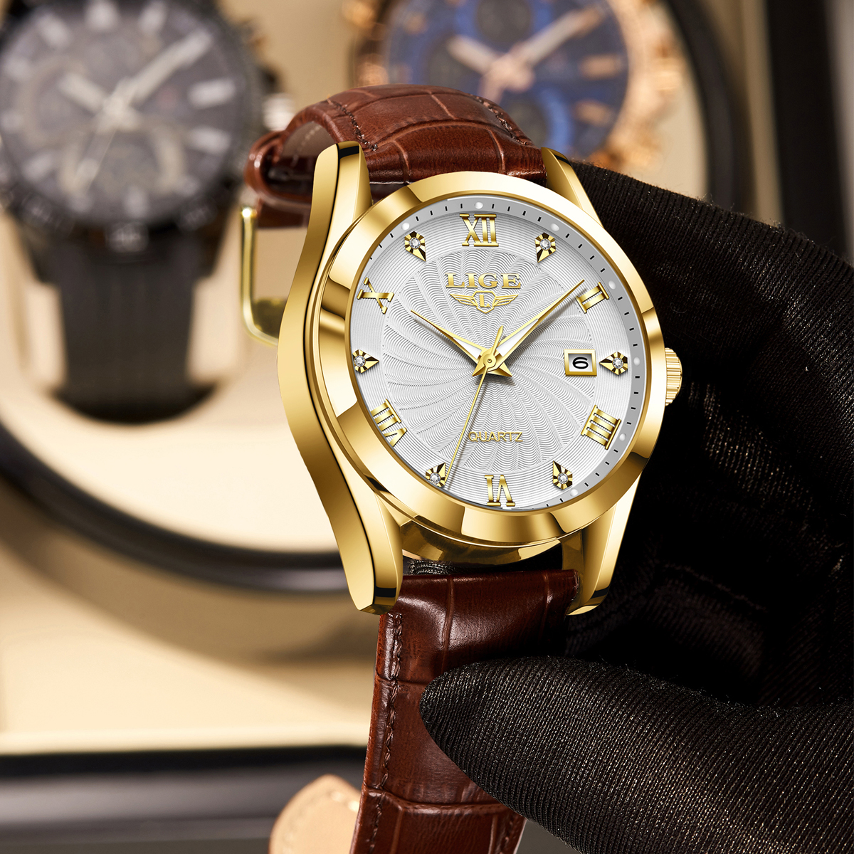 LIGE Men's Business Quartz Watch Premium Brand Watch Premium Leather strap Classic dial Men's Waterproof Watch Three pin calendar watch Holi