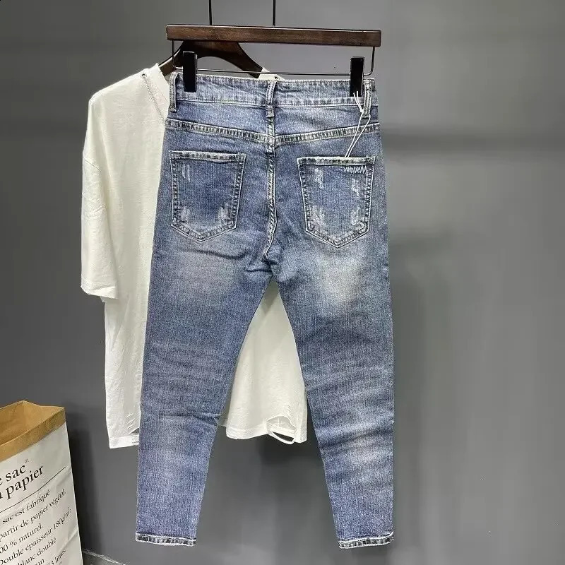 Trendy Jeans Mens 9-point Hole American Style Vintage Blues Slim Fit Smooths Your Silhouette Denim Cotton Pants 240805