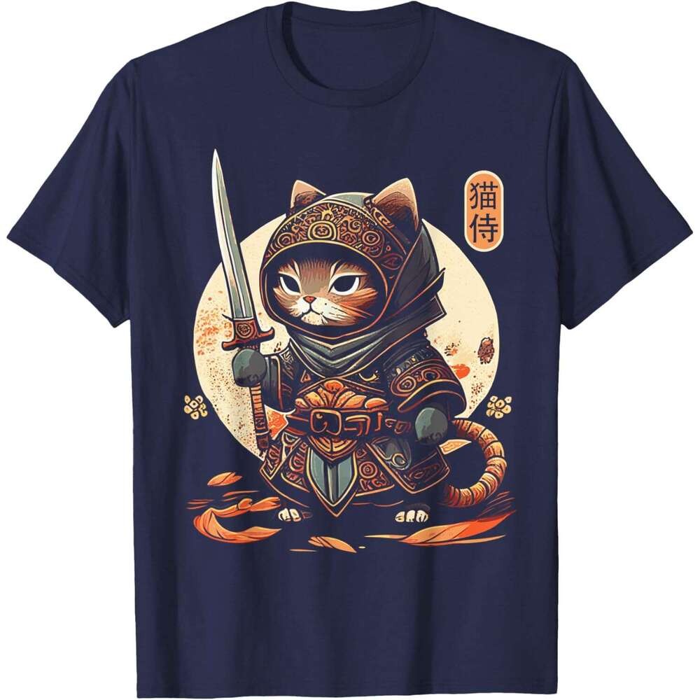 T shirt Mens Japanese Samurai Tattoo Kawaii Ninja Cat T-Shirt shirts tshirt graphic tee Casual tops summer clothes Short sleeve Free shipping