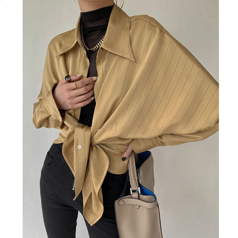 Fashion Striped Satin Silk Shirt Vintage Lapel Up Blouse Women Lady Long Sleeves Female Loose Solid Street Shirts 240805