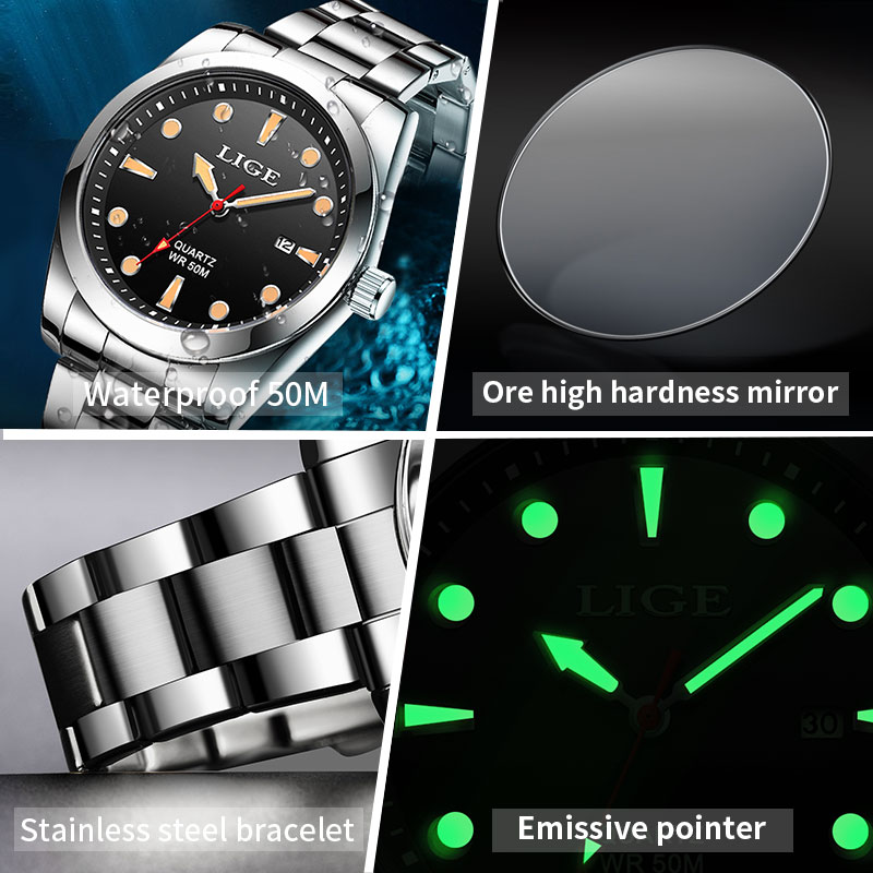 LIGE Mens Watches 5ATM Sports Waterproof Quartz Wristwatch Luminous Clock Ultra Thin Date Watch for Men Relogio Masculino+Box
