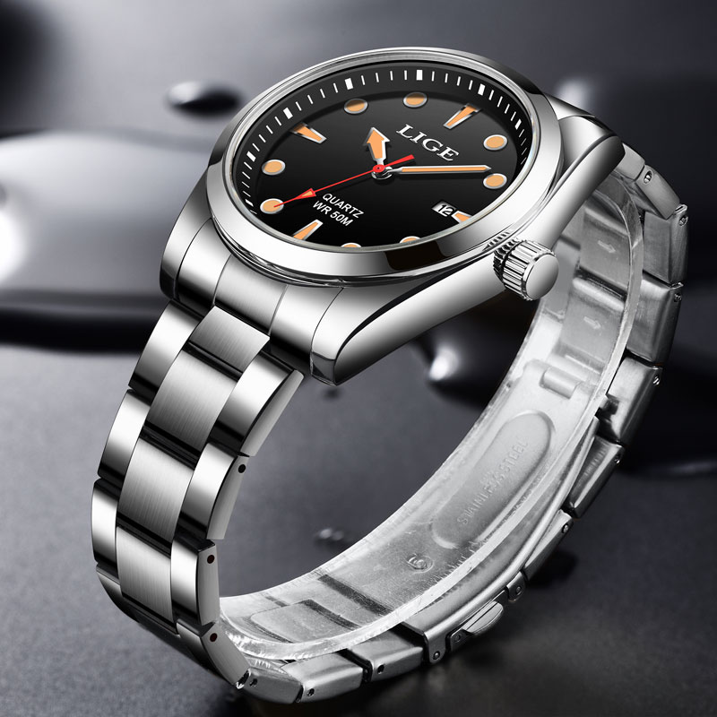 LIGE Mens Watches 5ATM Sports Waterproof Quartz Wristwatch Luminous Clock Ultra Thin Date Watch for Men Relogio Masculino+Box