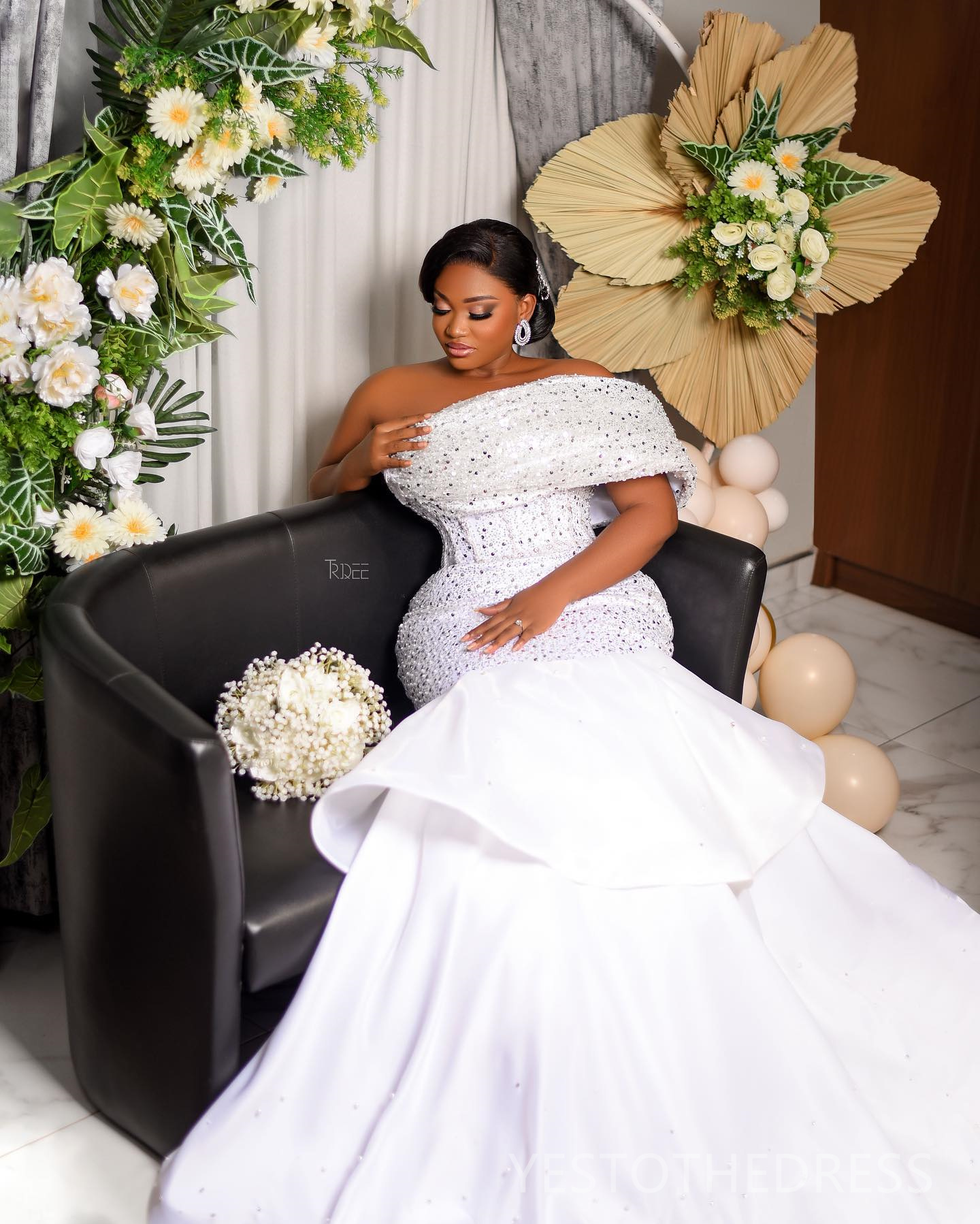 R&W 2024 Aso Ebi Plus Size Mermaid Dress Bridal Bride One Shoulder Sequined Lace Beaded Pearls Wedding Gowns for Marriage D289