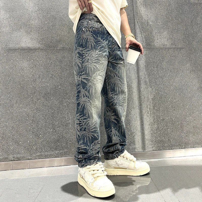 Spring Mens Graphic Jeans Straight Leg Baggy Denim Outwear Loosen Fit Male Y2K Pants 240805