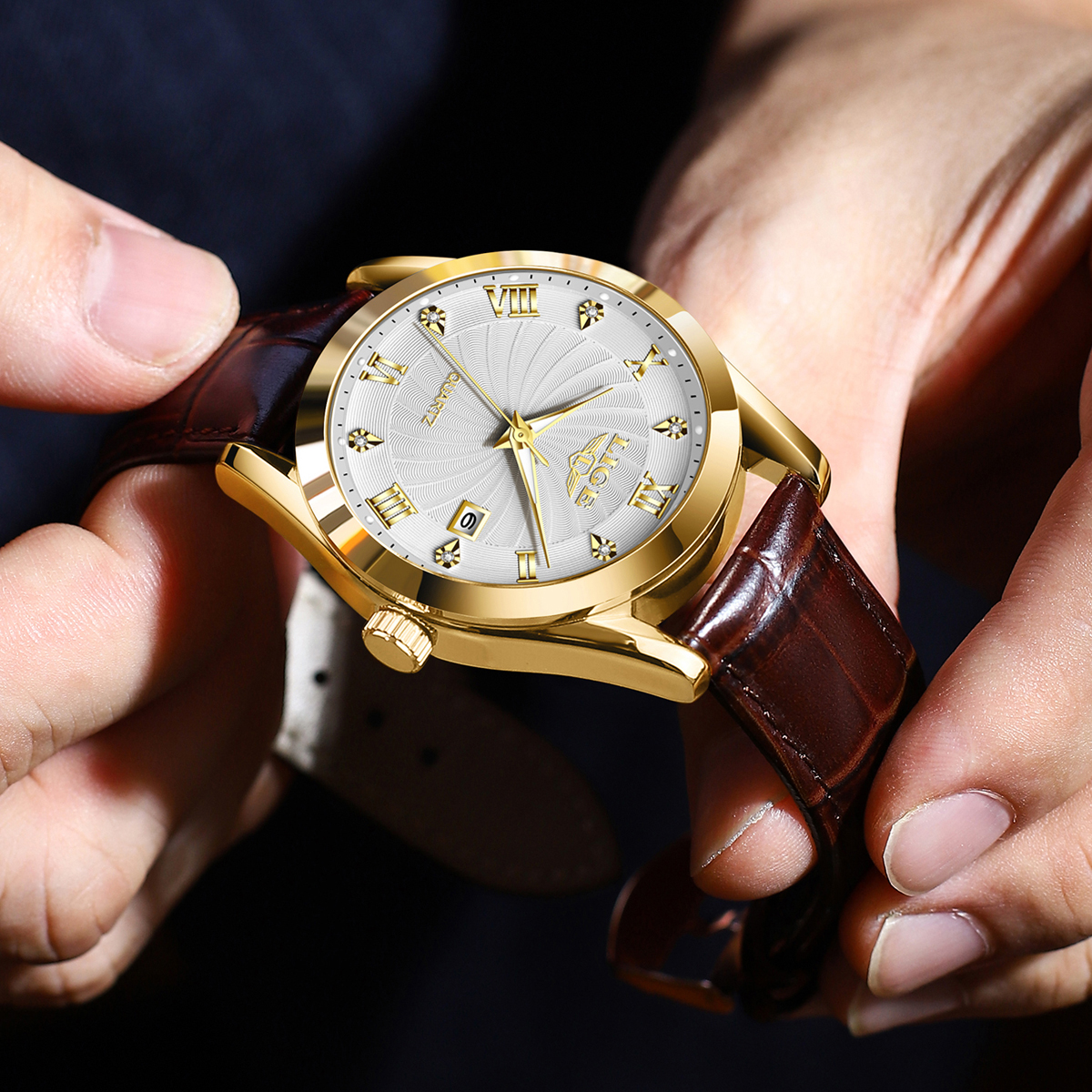 LIGE Men's Business Quartz Watch Premium Brand Watch Premium Leather strap Classic dial Men's Waterproof Watch Three pin calendar watch Holi
