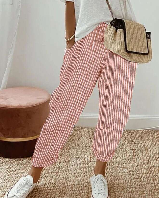 2024 Summer New Striped Casual Pants Loose Elastic Waist for Women Cotton Trousers Harlan Sweatpants Overalls Nine Points and Sweat Pants Unisex