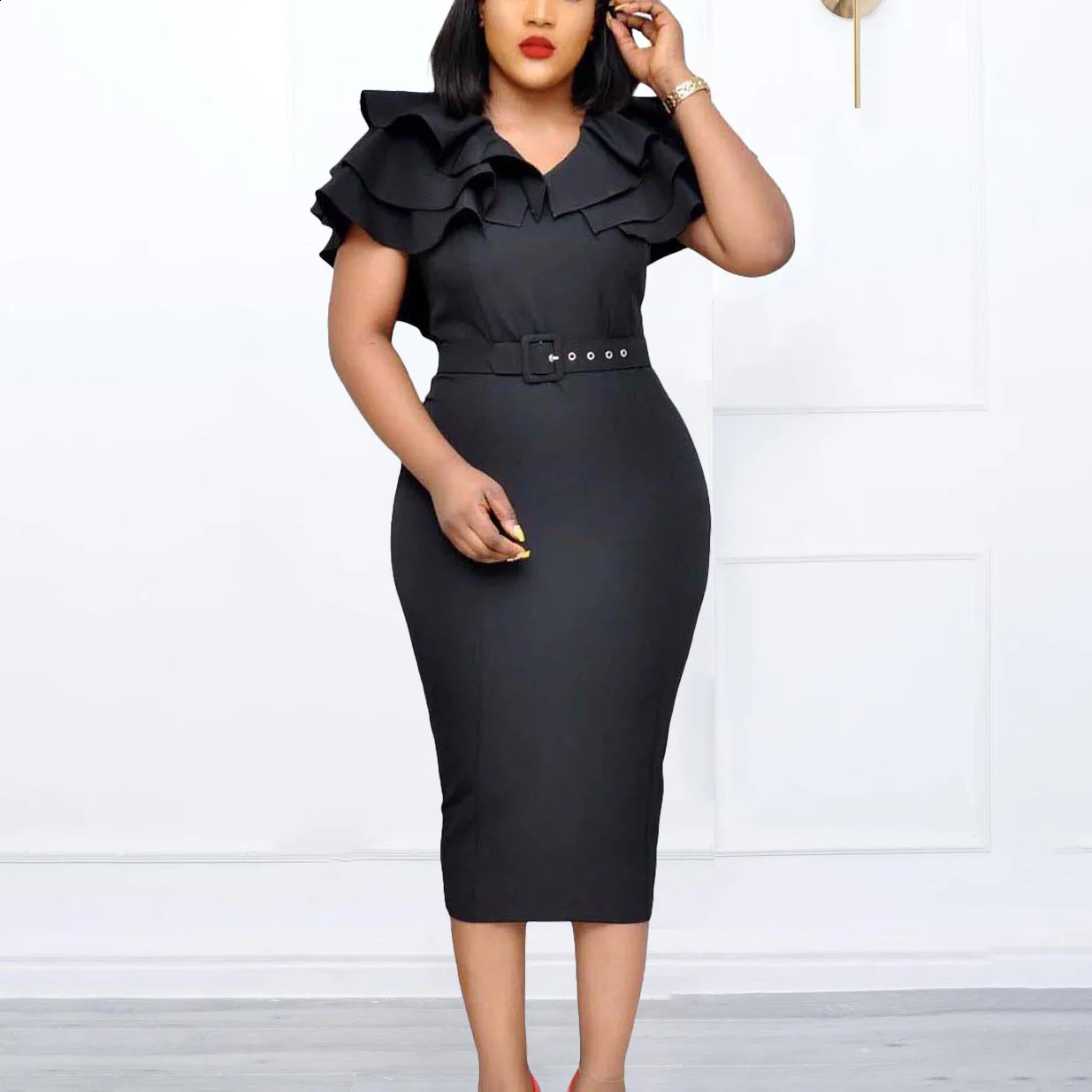 Elegant Bodycon Dresses for Women V Neck Ruffles Belt Waisted Bandage Mid Calf Package Hips Africcan Business Work Wear Dress OL 240805
