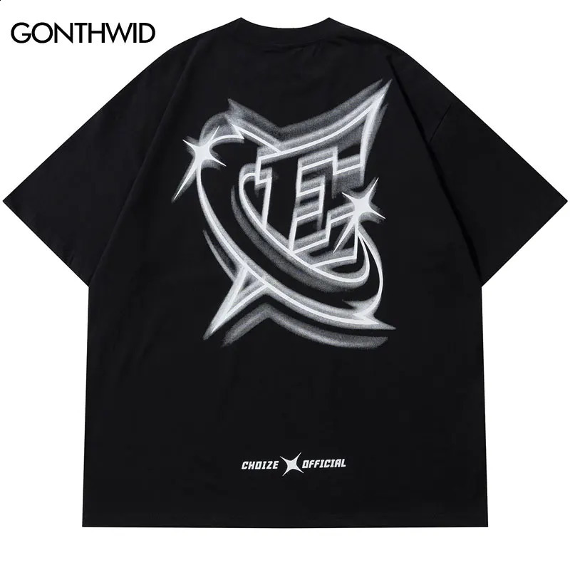 Men Streetwear Tshirt Letter Star Aesthetic Graphic T-Shirt Oversized Black Casual T Shirt Harajuku Hip Hop Tops Tee Cotton 240805