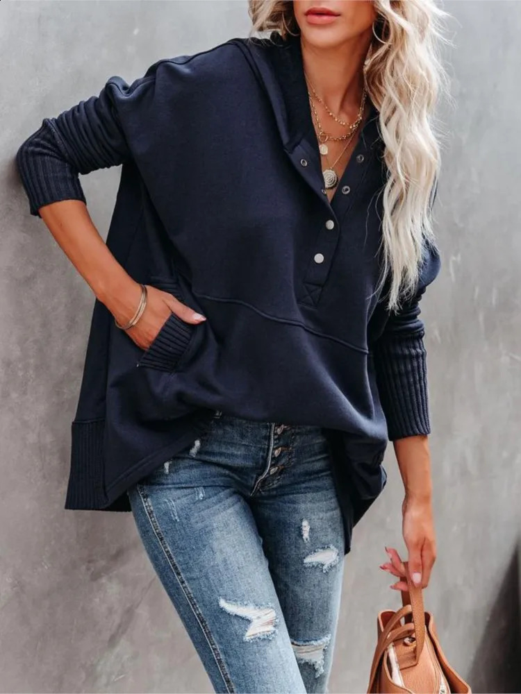 Casual Loose White Women Sweatshirt Autumn Winter V-neck Hooded Batwing Sleeve Hoodie Threaded Splicing Top For Women Pullovers 240805