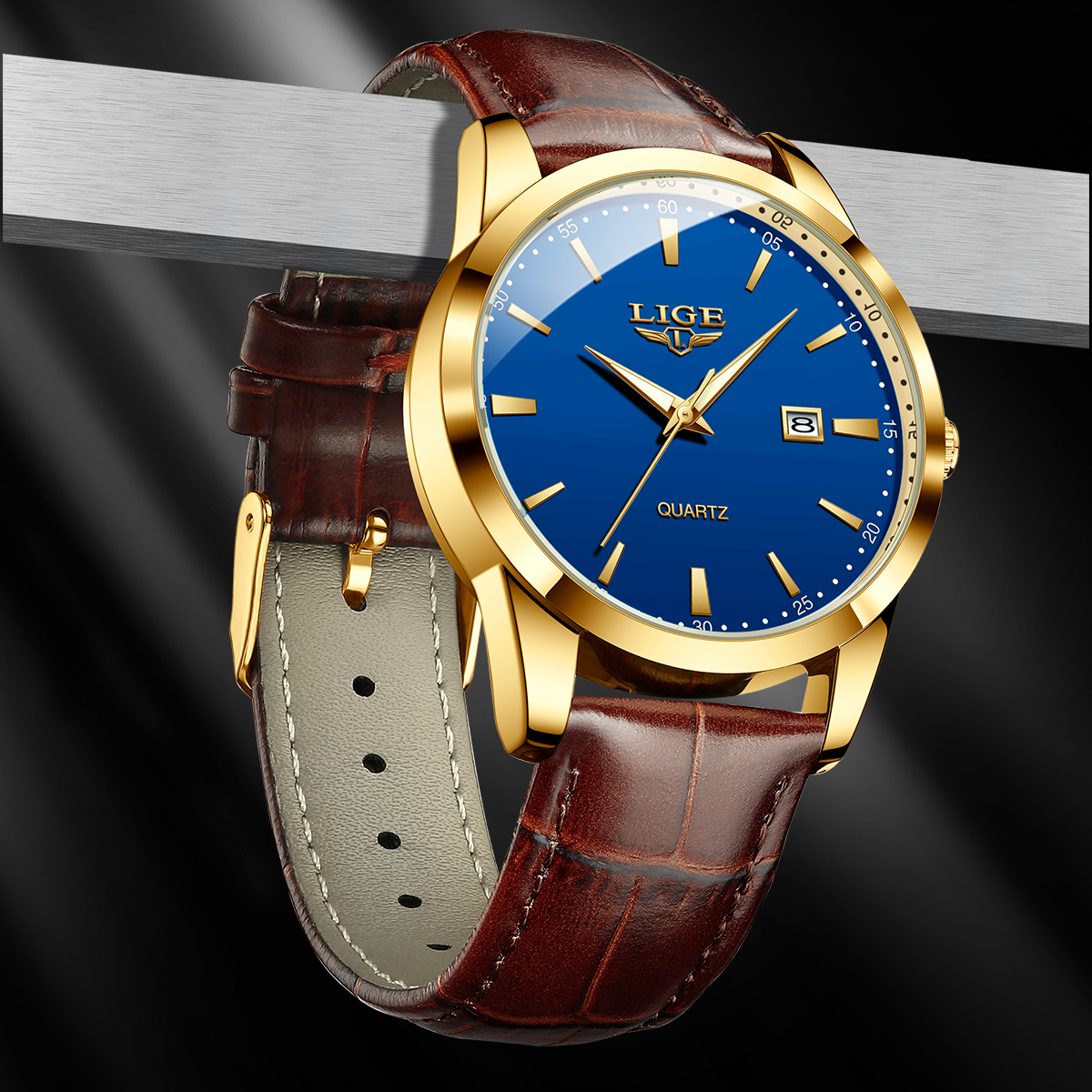 LIGE Men's Business Quartz Watch Premium Brand Watch Premium Leather strap Classic dial Men's Waterproof Watch Three pin calendar watch Holi