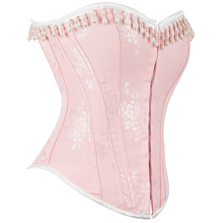 Women Pink Brocade Jacquare Overbust Corset with Pearl Beaded Tassels Fashion Shapewear Elegant Christmas Showgirl Clubwear Shaper