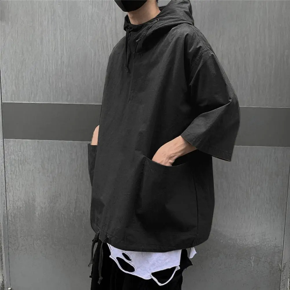 Drop Mens Pullover Hooded Half Sleeve Top Soft Big Pocket Loose T-shirt for Everyday 240805